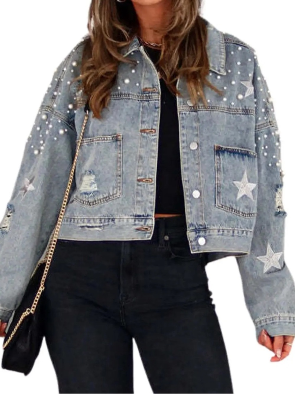 Pol Women's Light Wash Star & Pearl Embellished Denim Jacket size M
